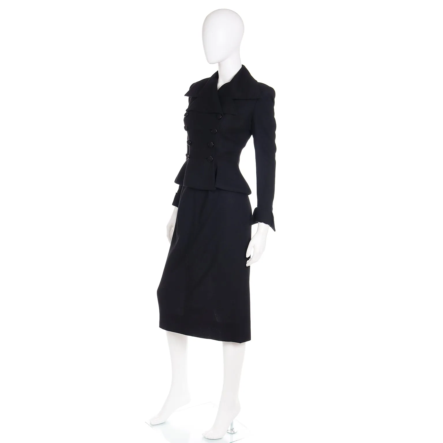 1947 Adele Simpson Documented Black Wool Cinched Waist Jacket w Skirt