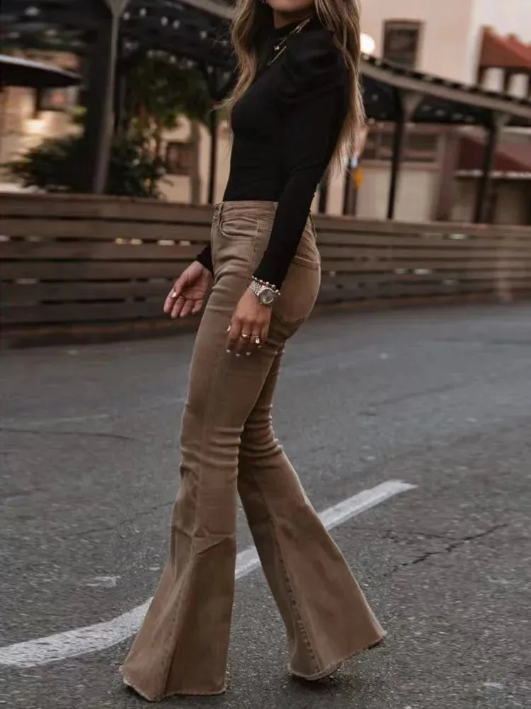2022 Corduroy Trousers All Season Women Solid Button Fly Pocket Loungewear Slim Fit Ladies Flare Pants Streetwear Dropshipping
