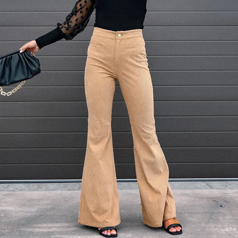 2022 Corduroy Trousers All Season Women Solid Button Fly Pocket Loungewear Slim Fit Ladies Flare Pants Streetwear Dropshipping