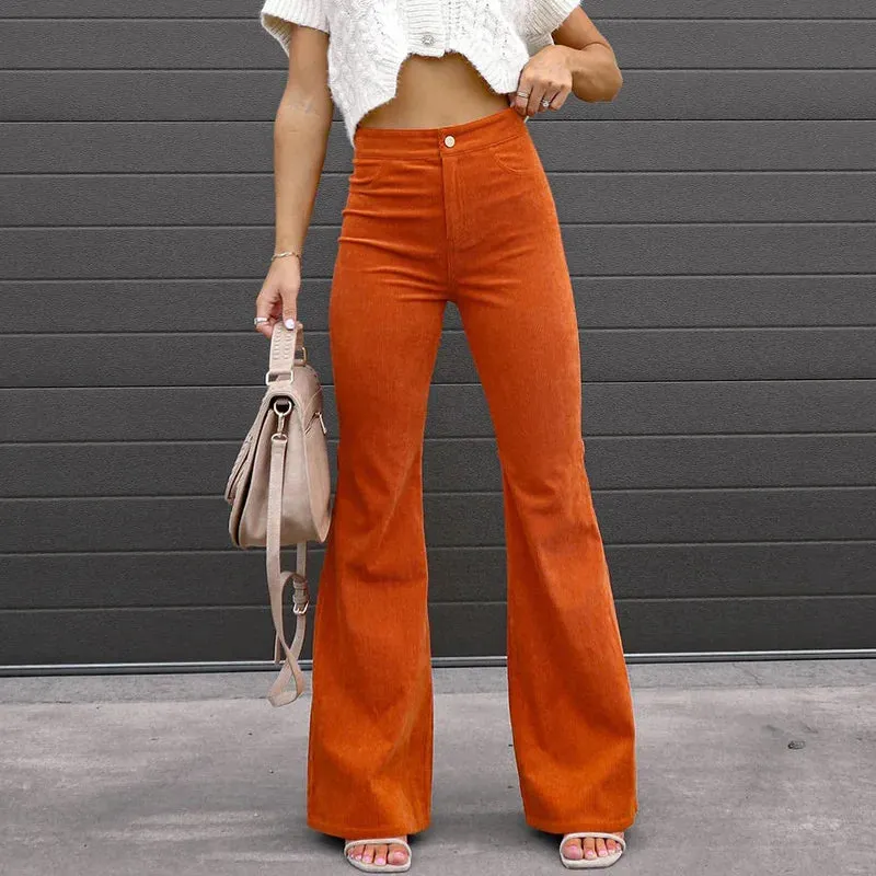 2022 Corduroy Trousers All Season Women Solid Button Fly Pocket Loungewear Slim Fit Ladies Flare Pants Streetwear Dropshipping