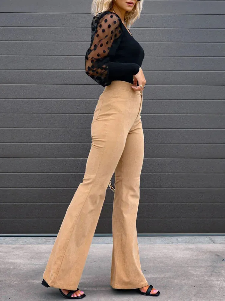 2022 Corduroy Trousers All Season Women Solid Button Fly Pocket Loungewear Slim Fit Ladies Flare Pants Streetwear Dropshipping