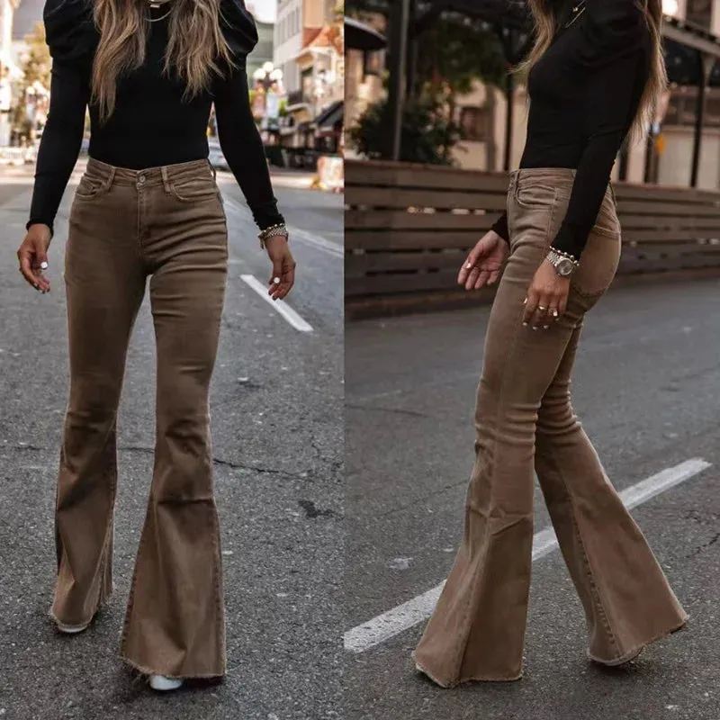 2022 Corduroy Trousers All Season Women Solid Button Fly Pocket Loungewear Slim Fit Ladies Flare Pants Streetwear Dropshipping