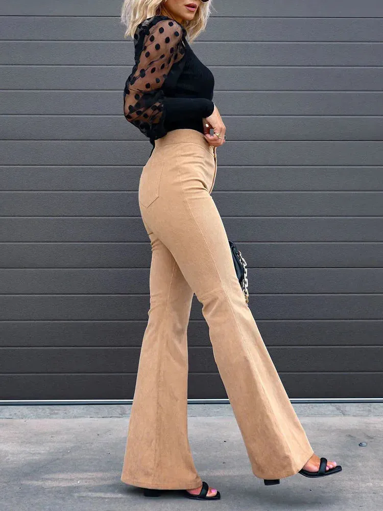 2022 Corduroy Trousers All Season Women Solid Button Fly Pocket Loungewear Slim Fit Ladies Flare Pants Streetwear Dropshipping