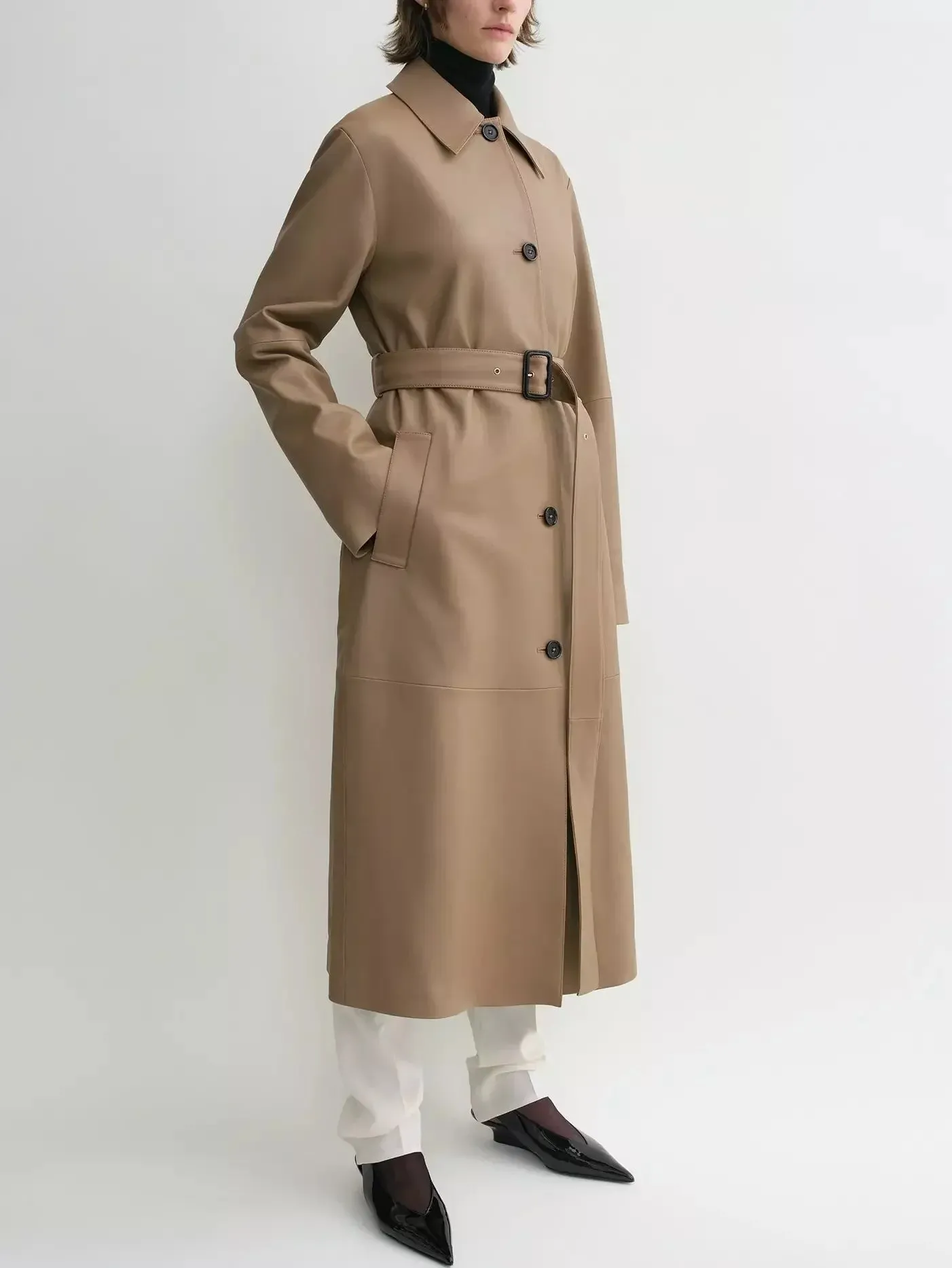 Belted Single-Breasted Leather Coat in Truffle