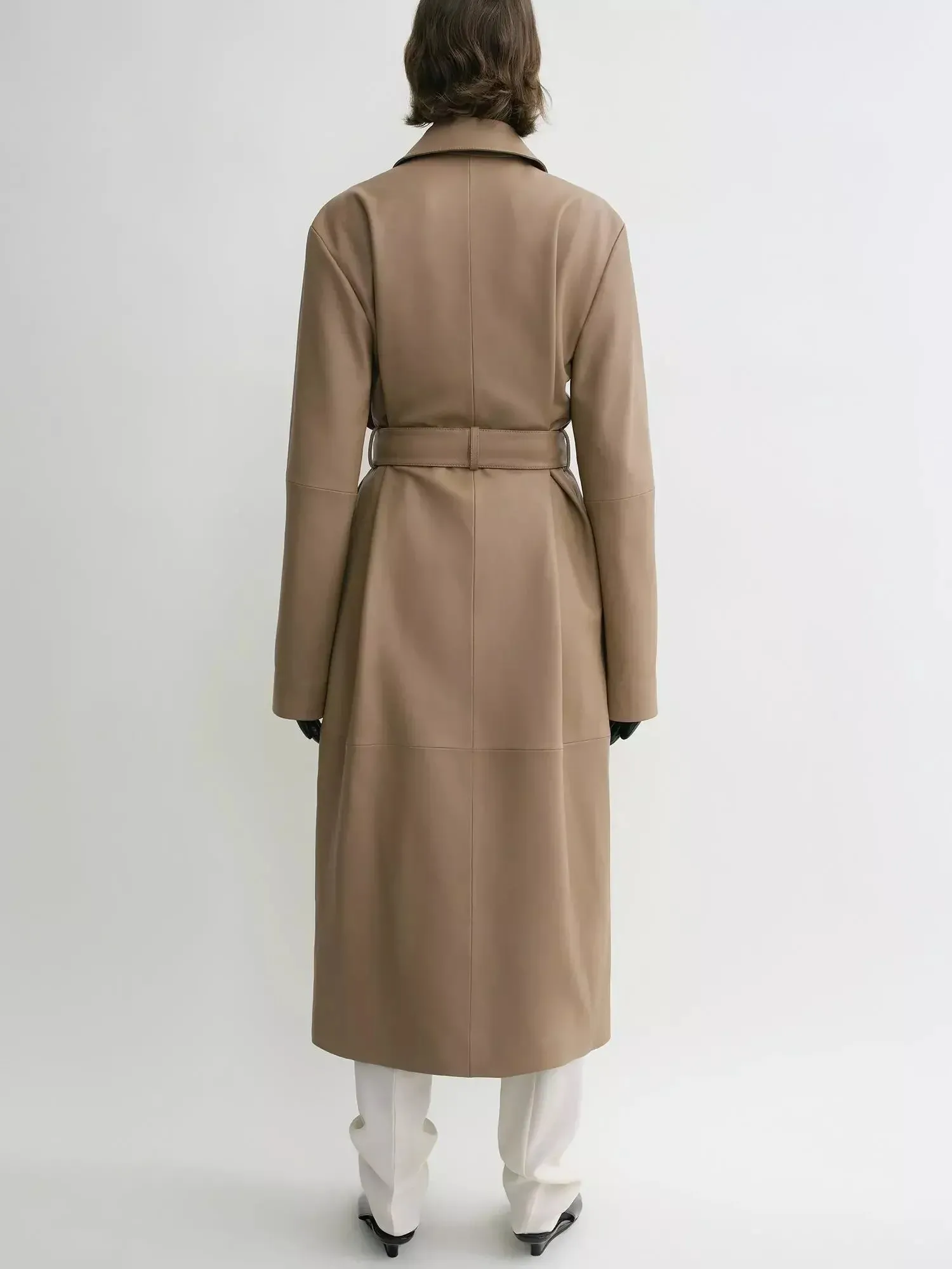 Belted Single-Breasted Leather Coat in Truffle
