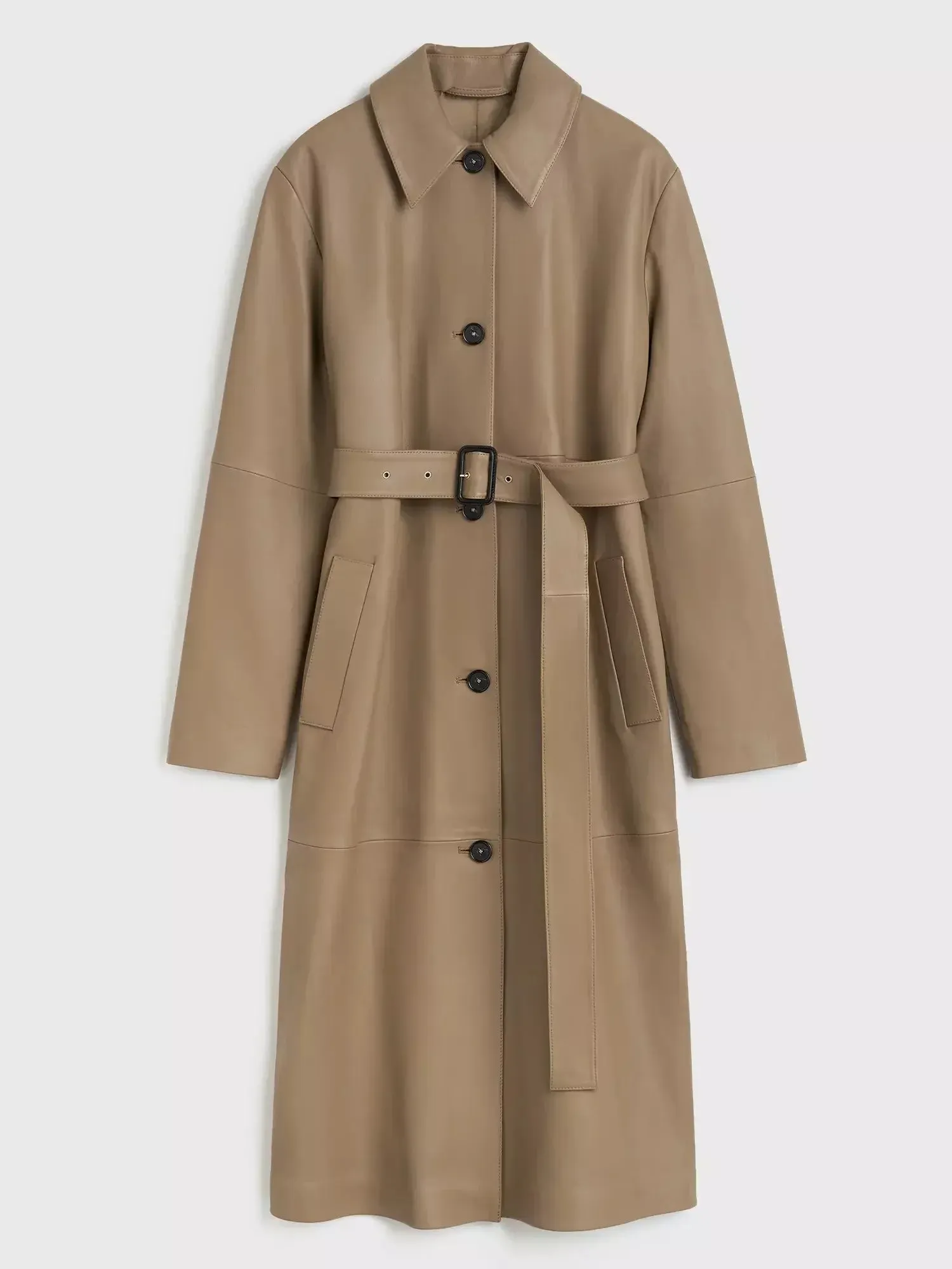 Belted Single-Breasted Leather Coat in Truffle