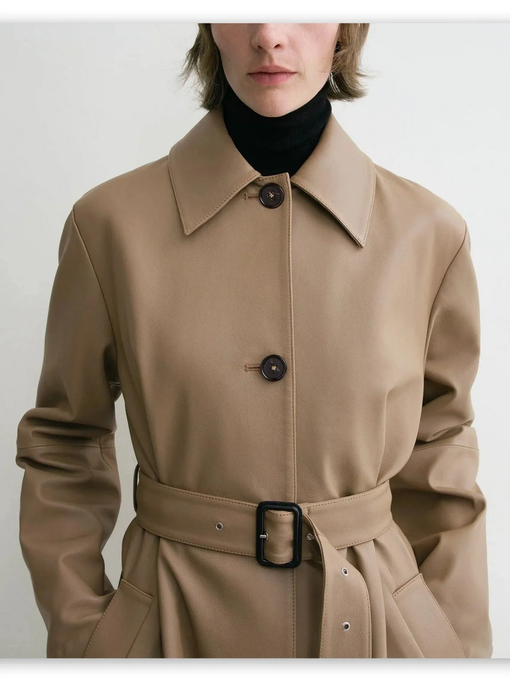 Belted Single-Breasted Leather Coat in Truffle