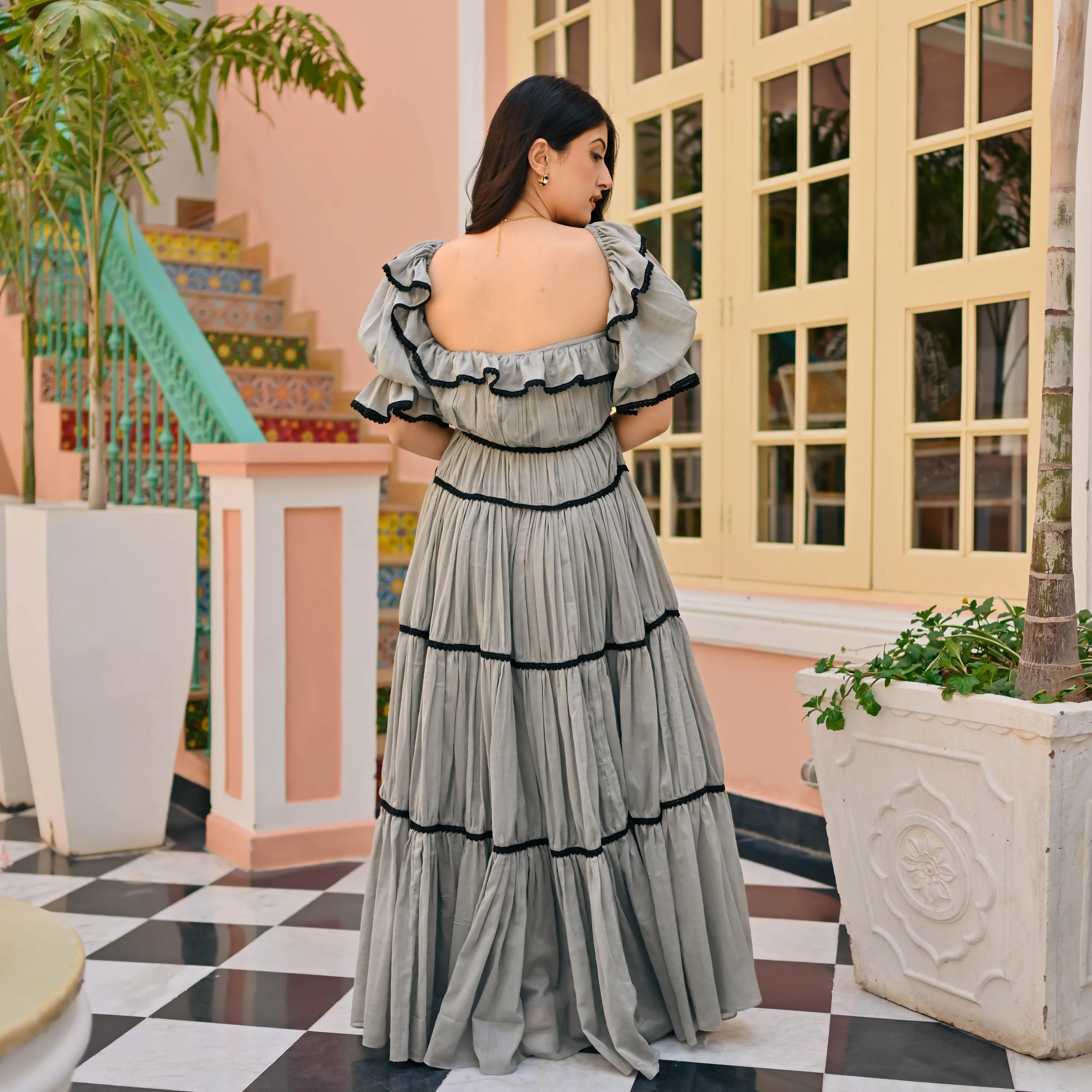 Bunaai Grey Frill Cotton Dress