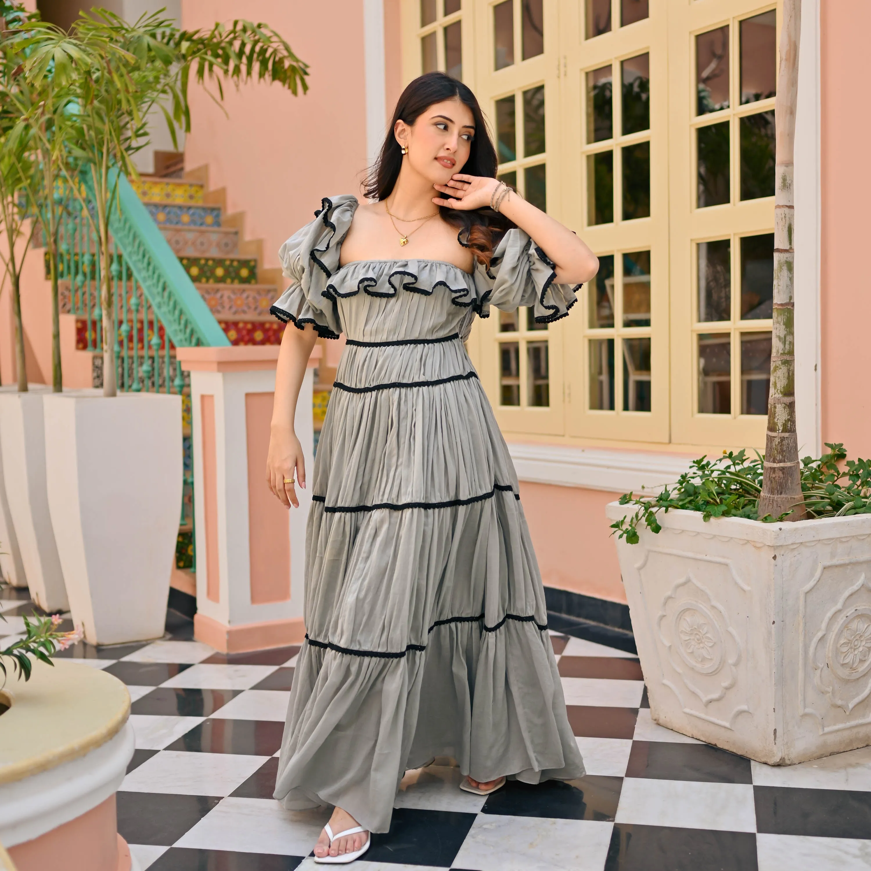Bunaai Grey Frill Cotton Dress