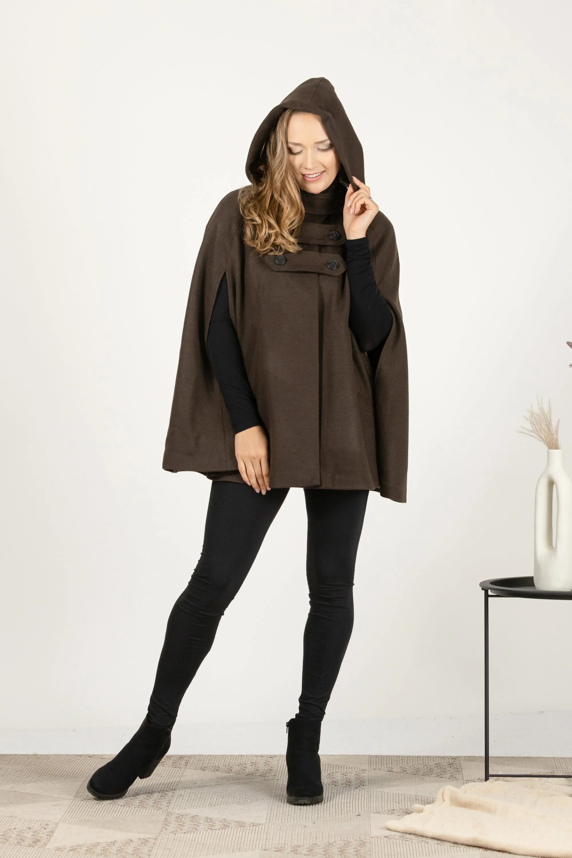 Dark Navy Hooded Wool Cape Coat