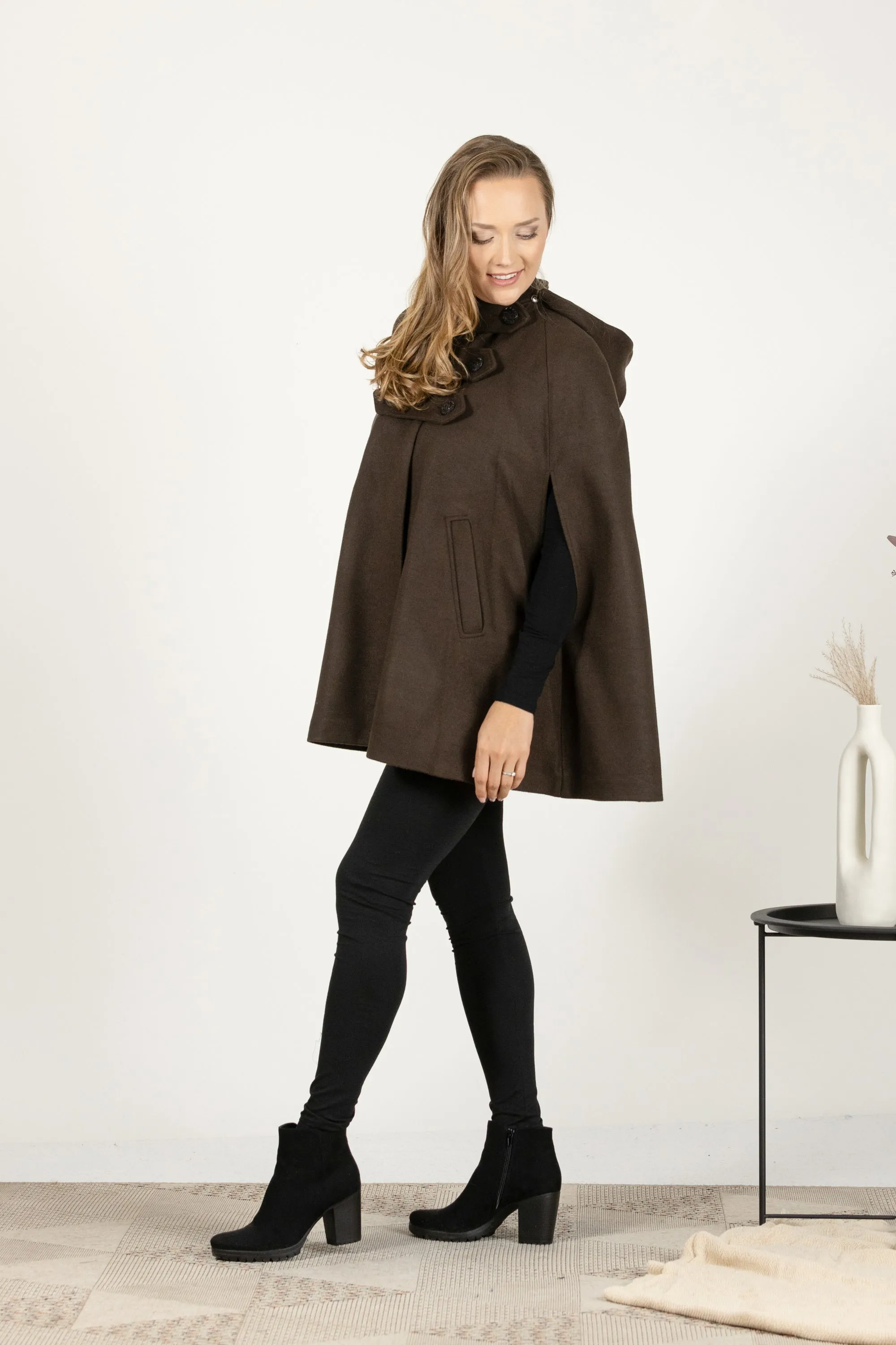 Dark Navy Hooded Wool Cape Coat