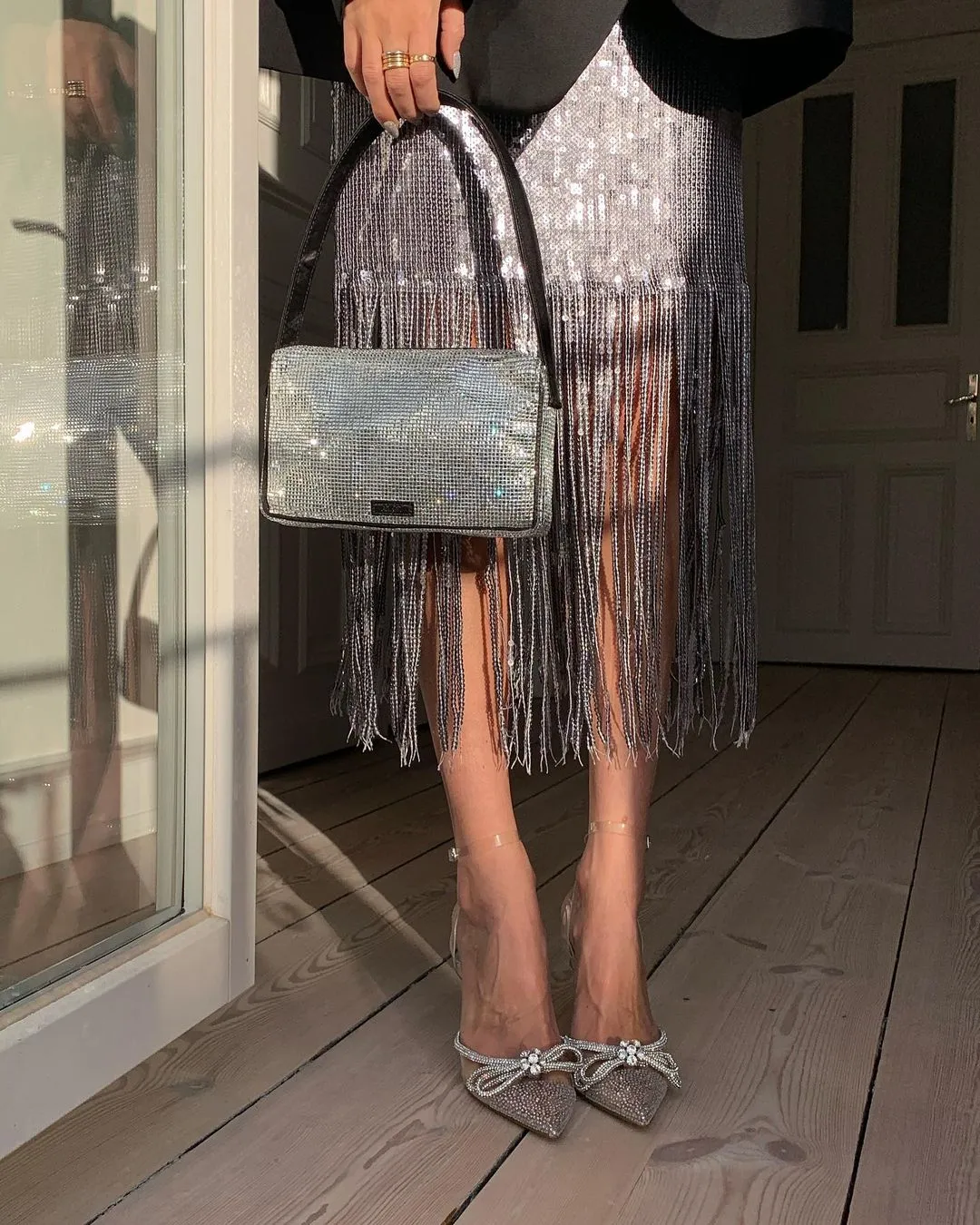 Glamorous Silver Sequin Fringe Cross Back Midi Dress