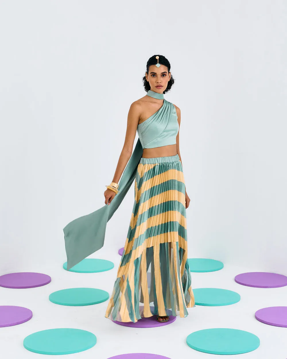 Green One Shoulder Pleated Drape Top
