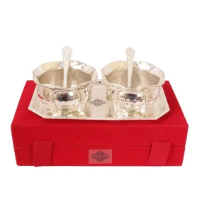 Indian Art Villa Handcrafted Pure Silver Plated Set of 2 Designer Bowl with 2 Spoon 1 Tray