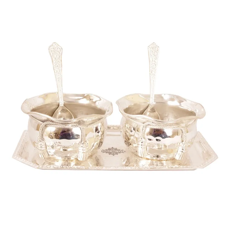 Indian Art Villa Handcrafted Pure Silver Plated Set of 2 Designer Bowl with 2 Spoon 1 Tray