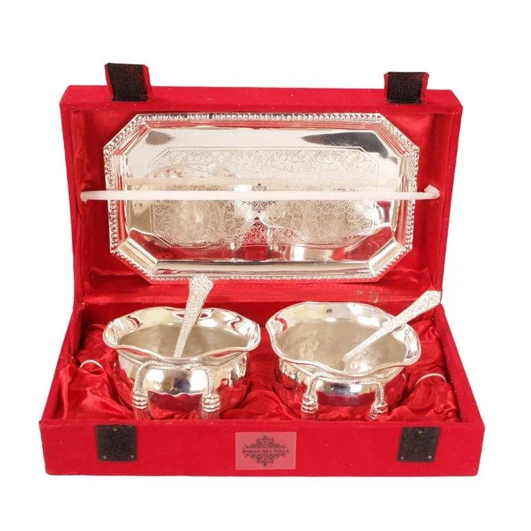 Indian Art Villa Handcrafted Pure Silver Plated Set of 2 Designer Bowl with 2 Spoon 1 Tray