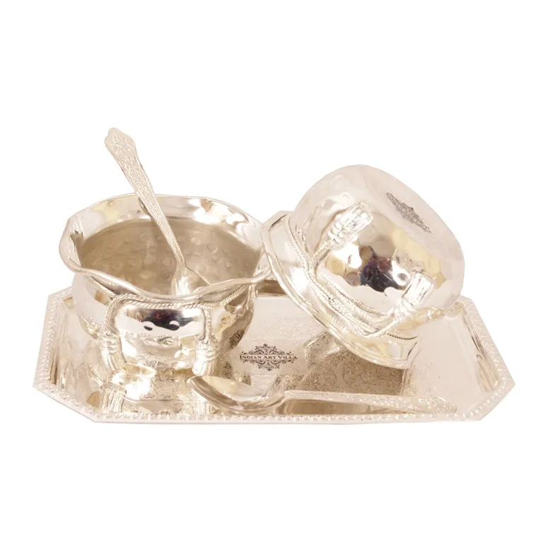 Indian Art Villa Handcrafted Pure Silver Plated Set of 2 Designer Bowl with 2 Spoon 1 Tray