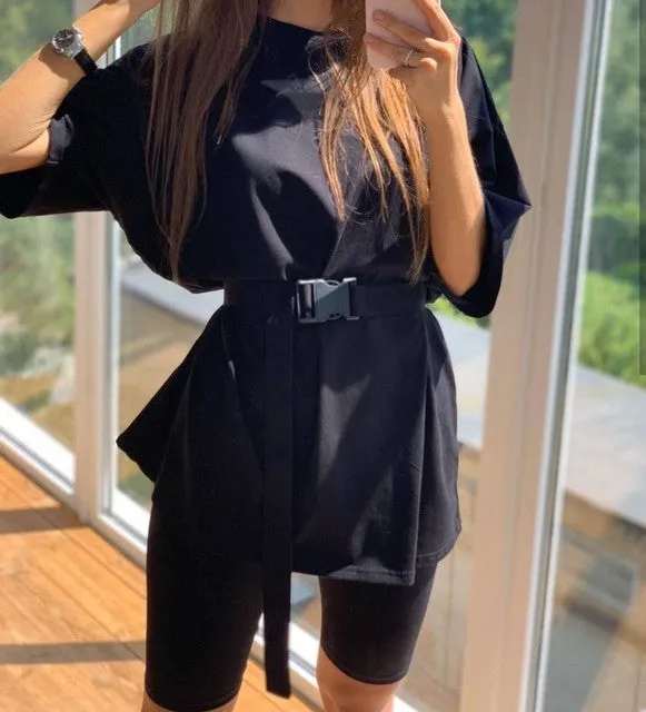 Joskaa hoco dresses Christmas Gift WOTWOY Summer Casual Shorts and Tops Set Womens Knitted Two Piece Sets Women Cotton Loose T-Shirt Female Black White Tracksuits