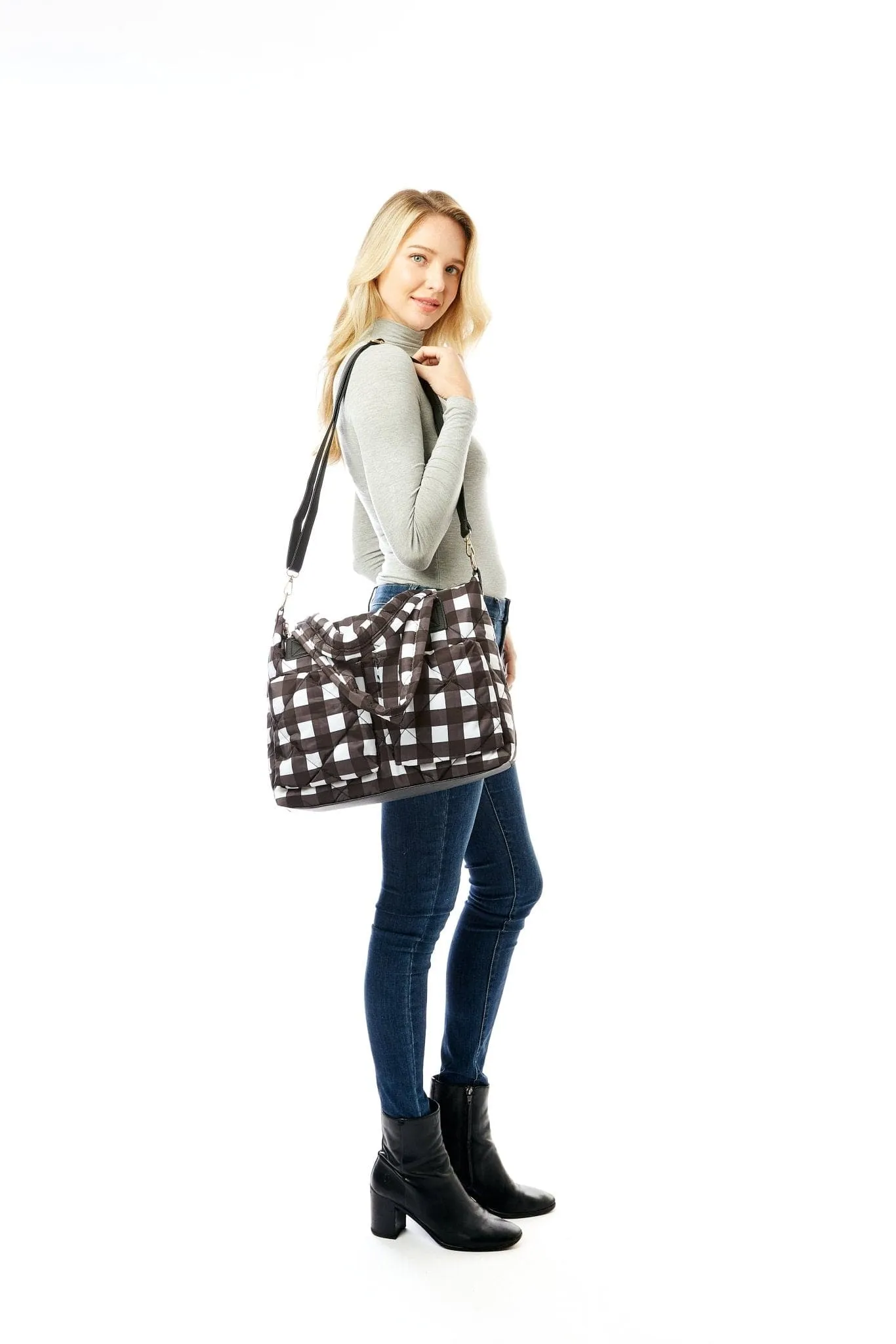 LOA309 Plaid Puffer Tote/Messenger