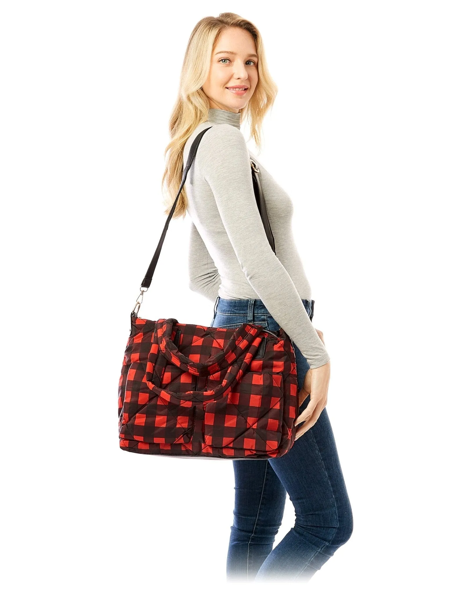 LOA309 Plaid Puffer Tote/Messenger