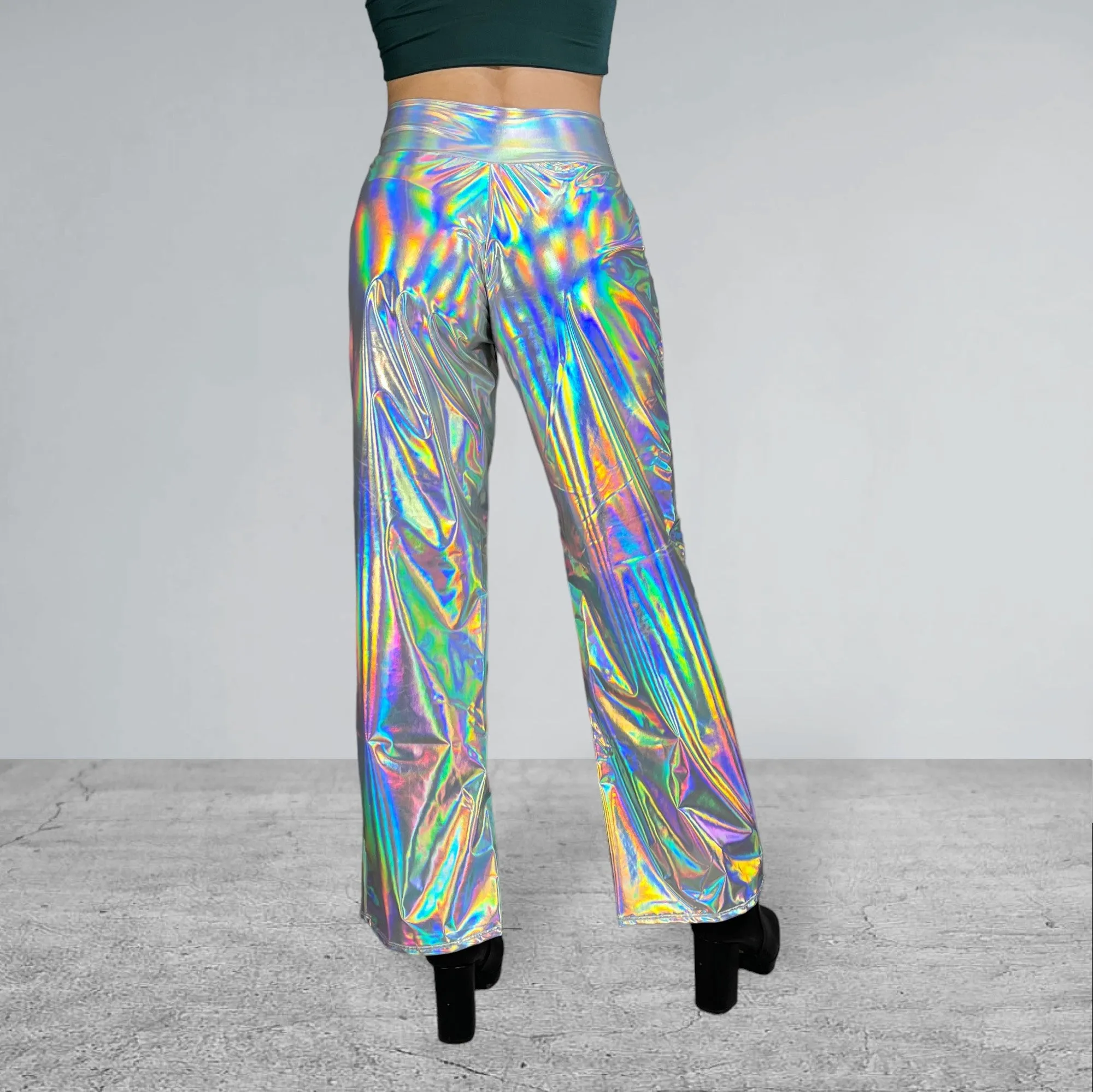 Opal Iridescent Holographic Straight Wide Leg Relaxed Fit Pants