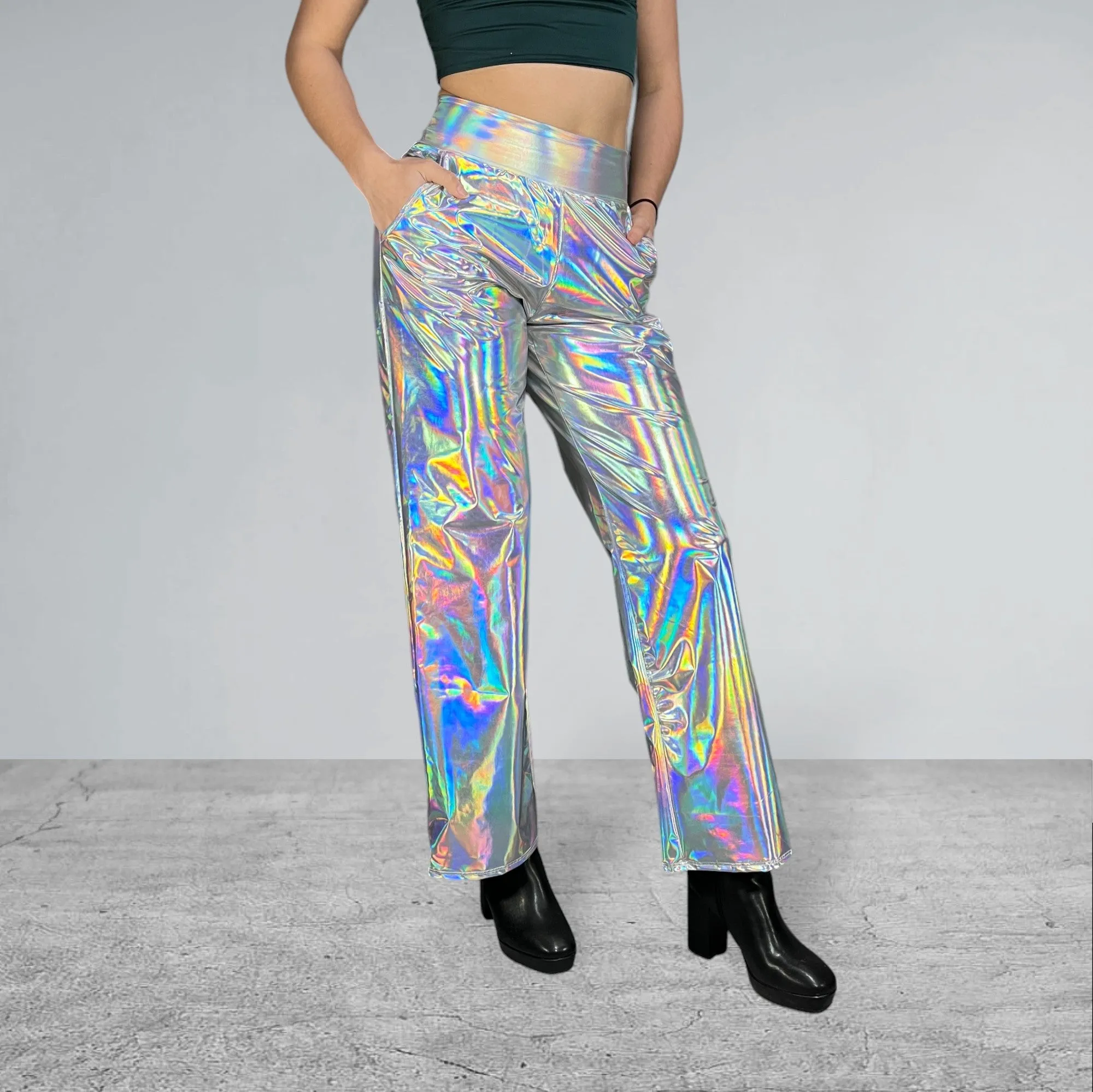 Opal Iridescent Holographic Straight Wide Leg Relaxed Fit Pants