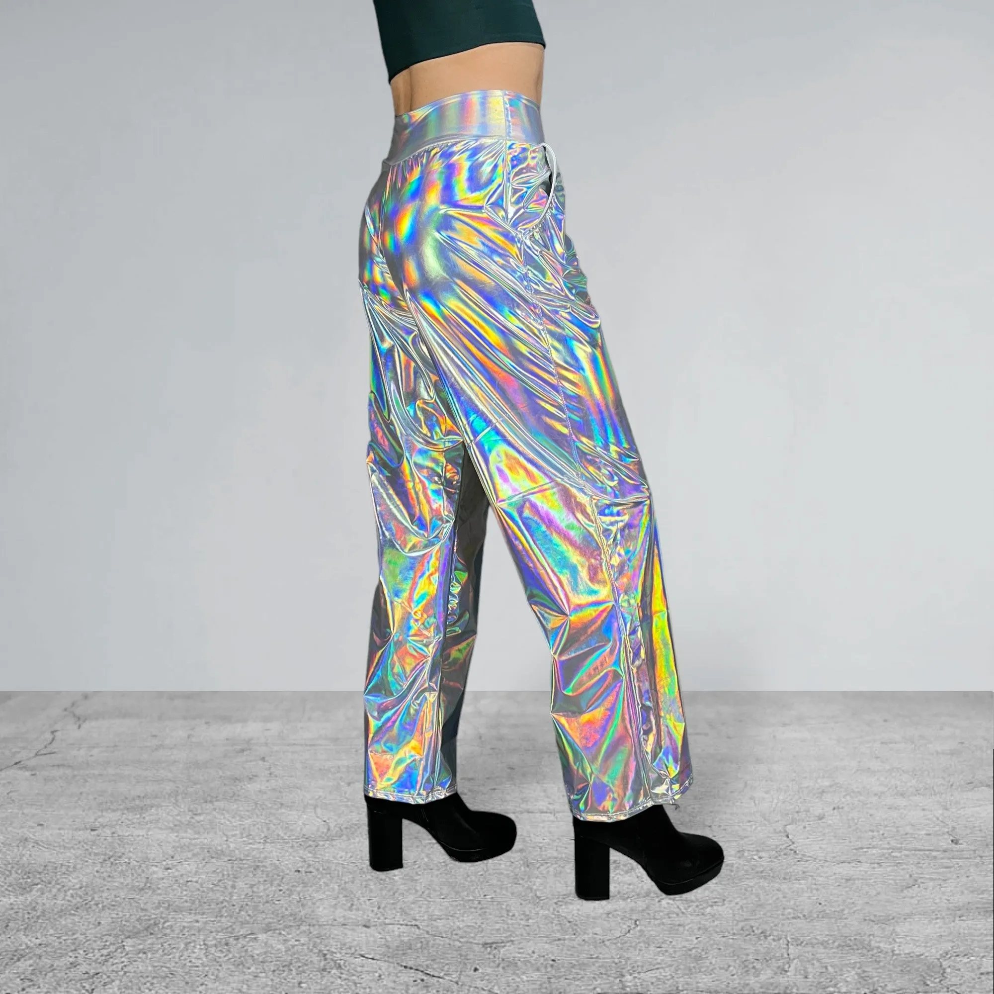 Opal Iridescent Holographic Straight Wide Leg Relaxed Fit Pants