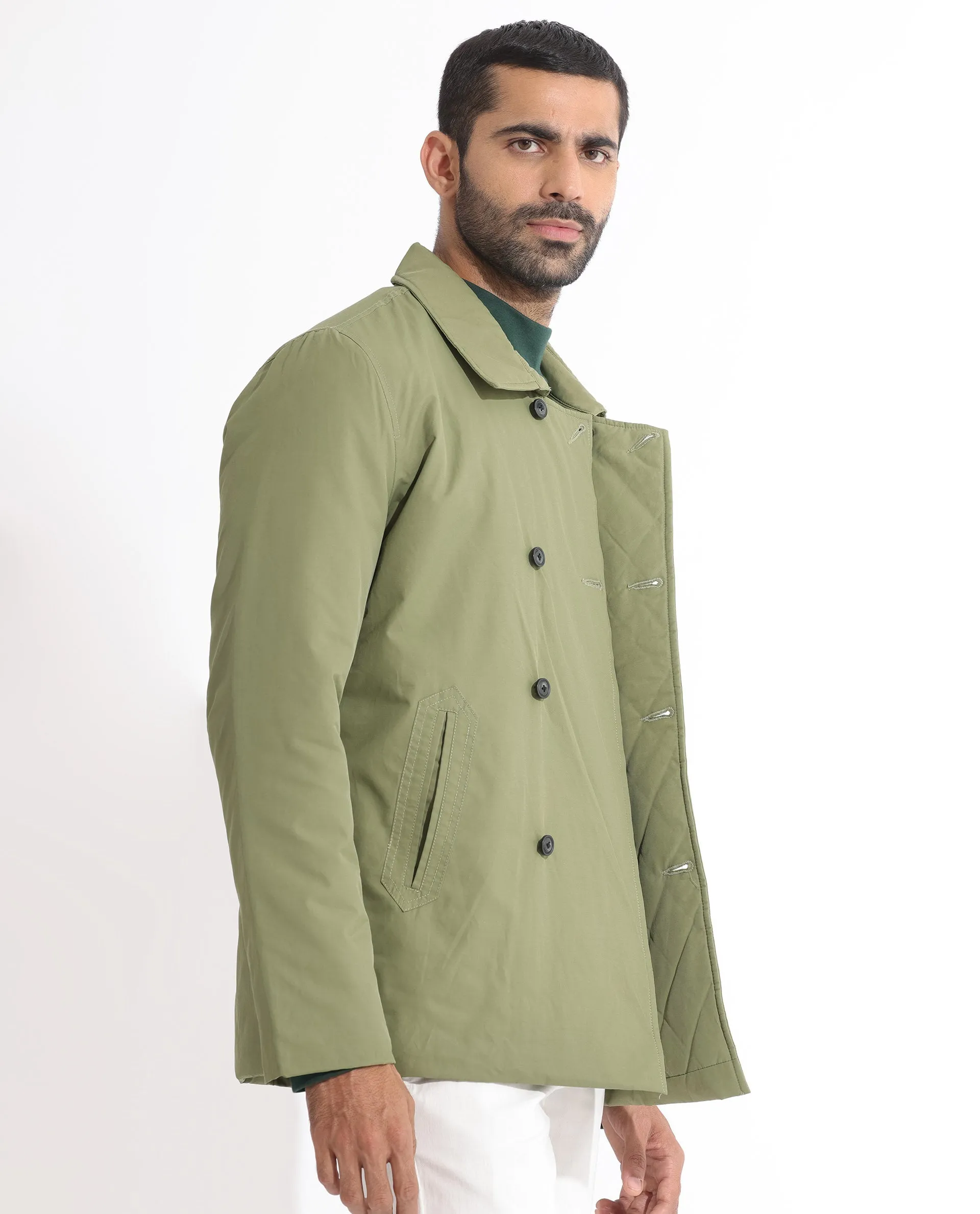 Rare Rabbit Men's Merjon Olive Broad Collar Overlap Jacket