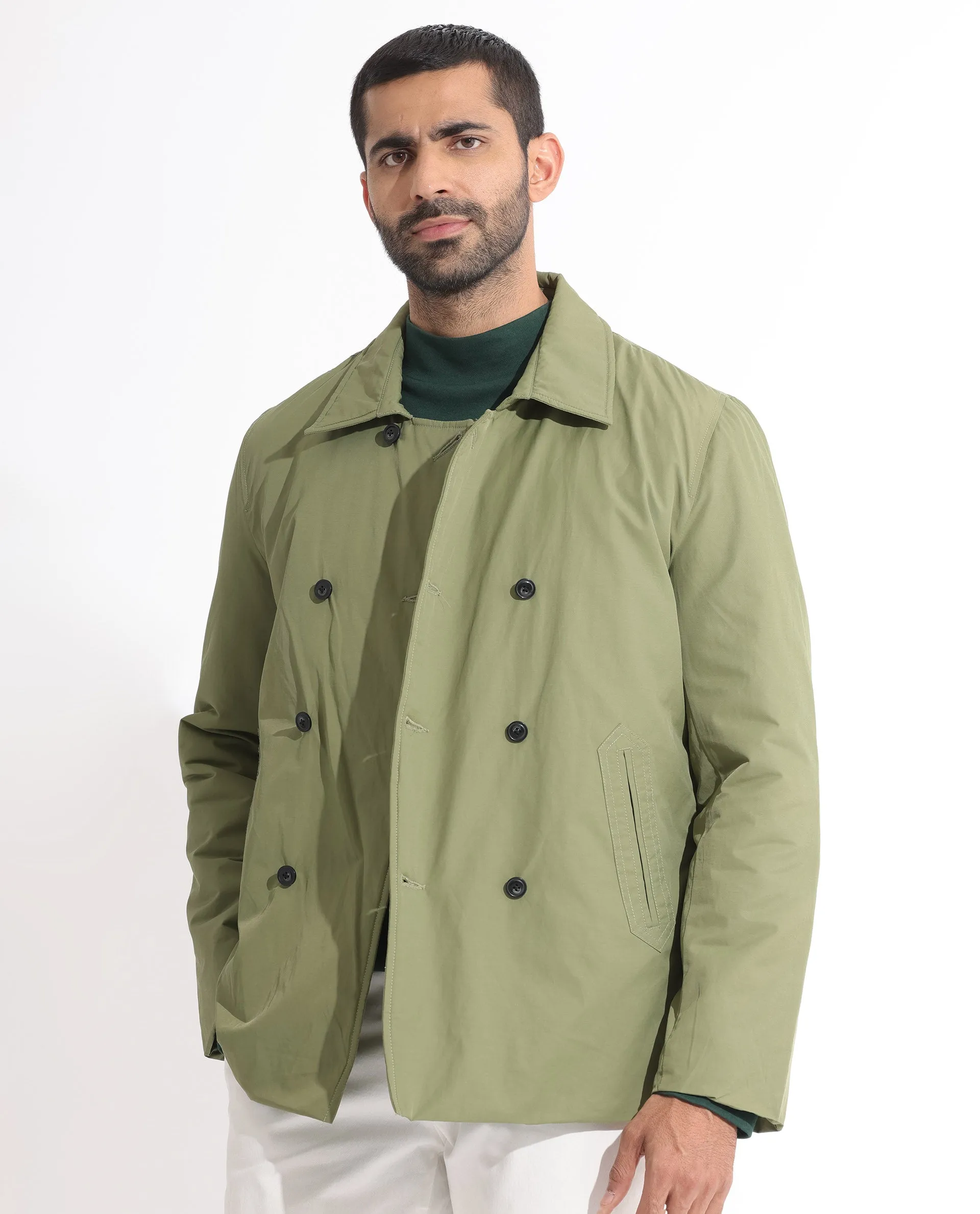 Rare Rabbit Men's Merjon Olive Broad Collar Overlap Jacket