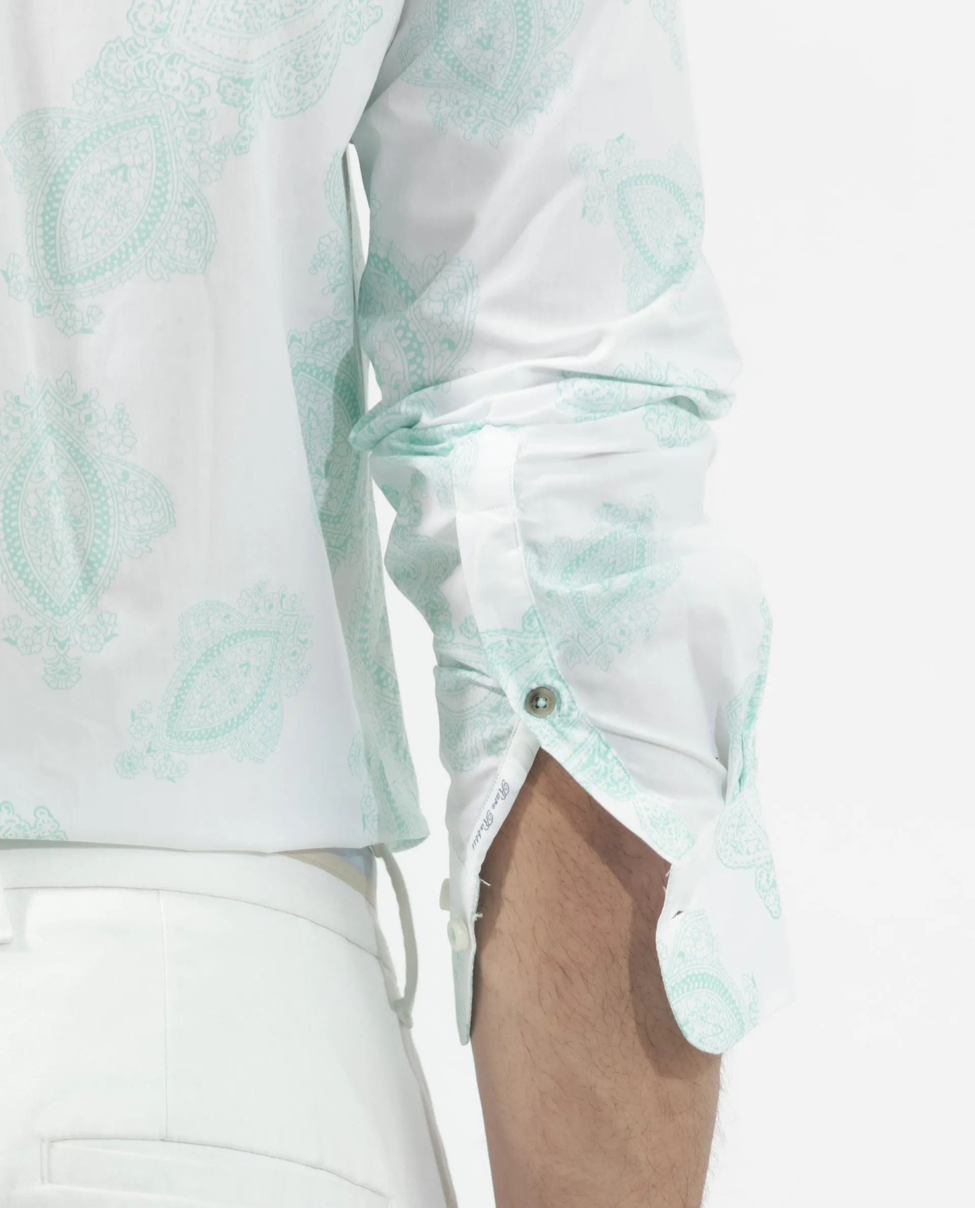 Rare Rabbit Men's Rojackk Turq Cotton Fabric Paisley Print Full Sleeves Shirt