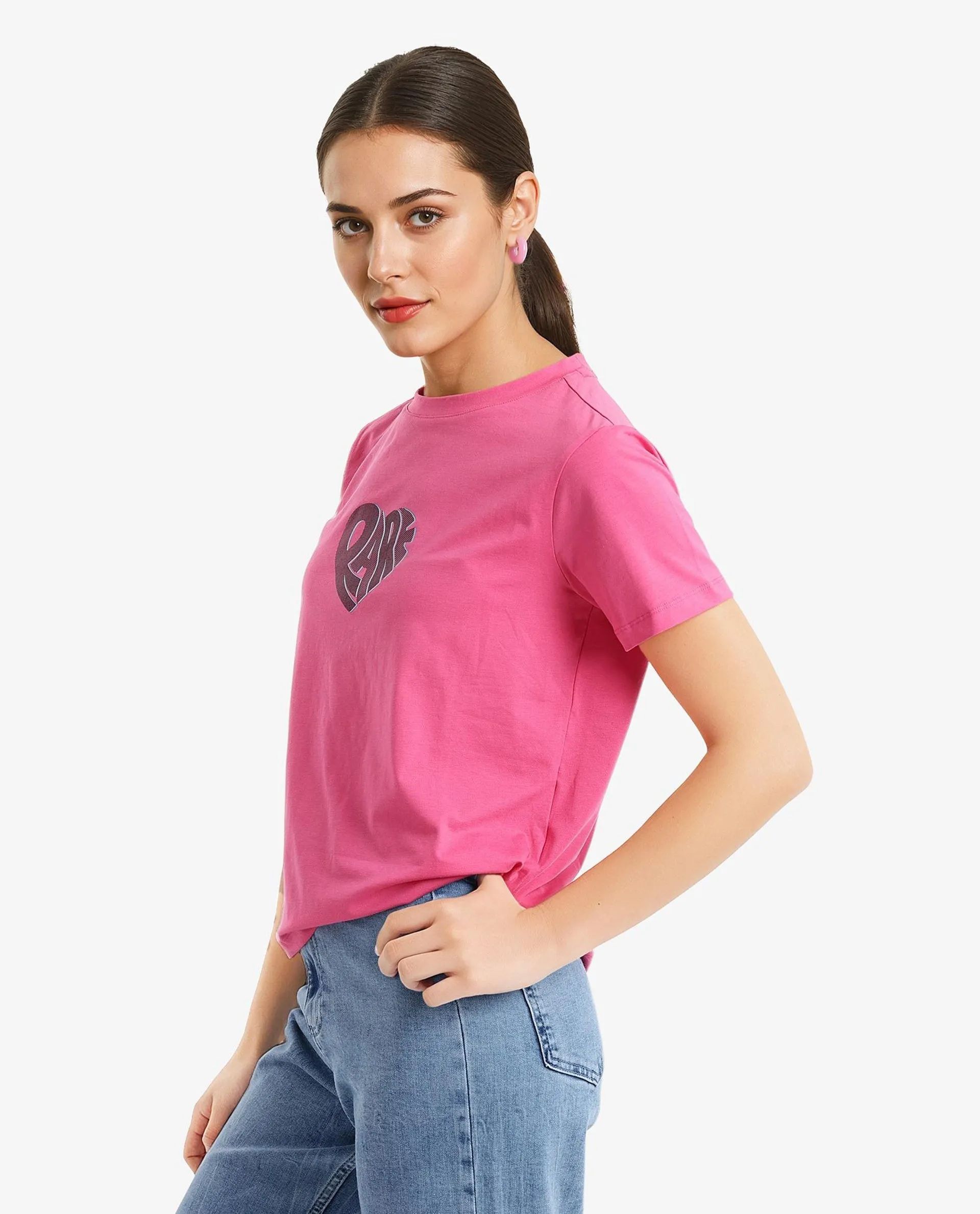 Rareism Women Ciara Flouroscent Pink Cotton Elastane Fabric Crew Neck Knit Solid T-Shirt