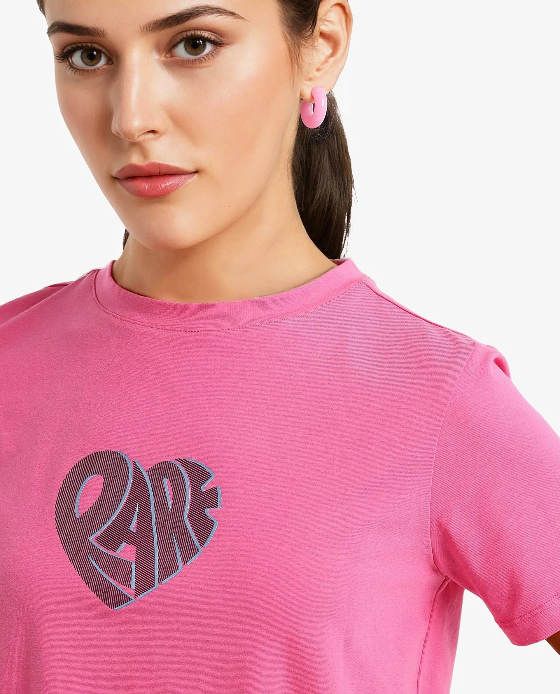 Rareism Women Ciara Flouroscent Pink Cotton Elastane Fabric Crew Neck Knit Solid T-Shirt