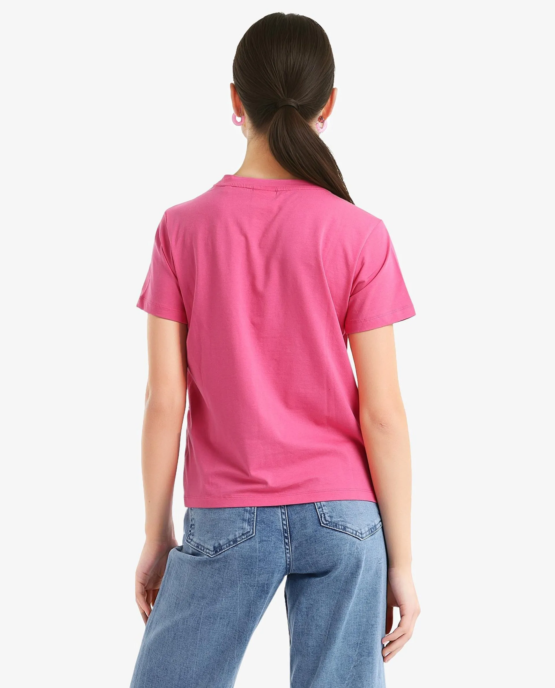 Rareism Women Ciara Flouroscent Pink Cotton Elastane Fabric Crew Neck Knit Solid T-Shirt