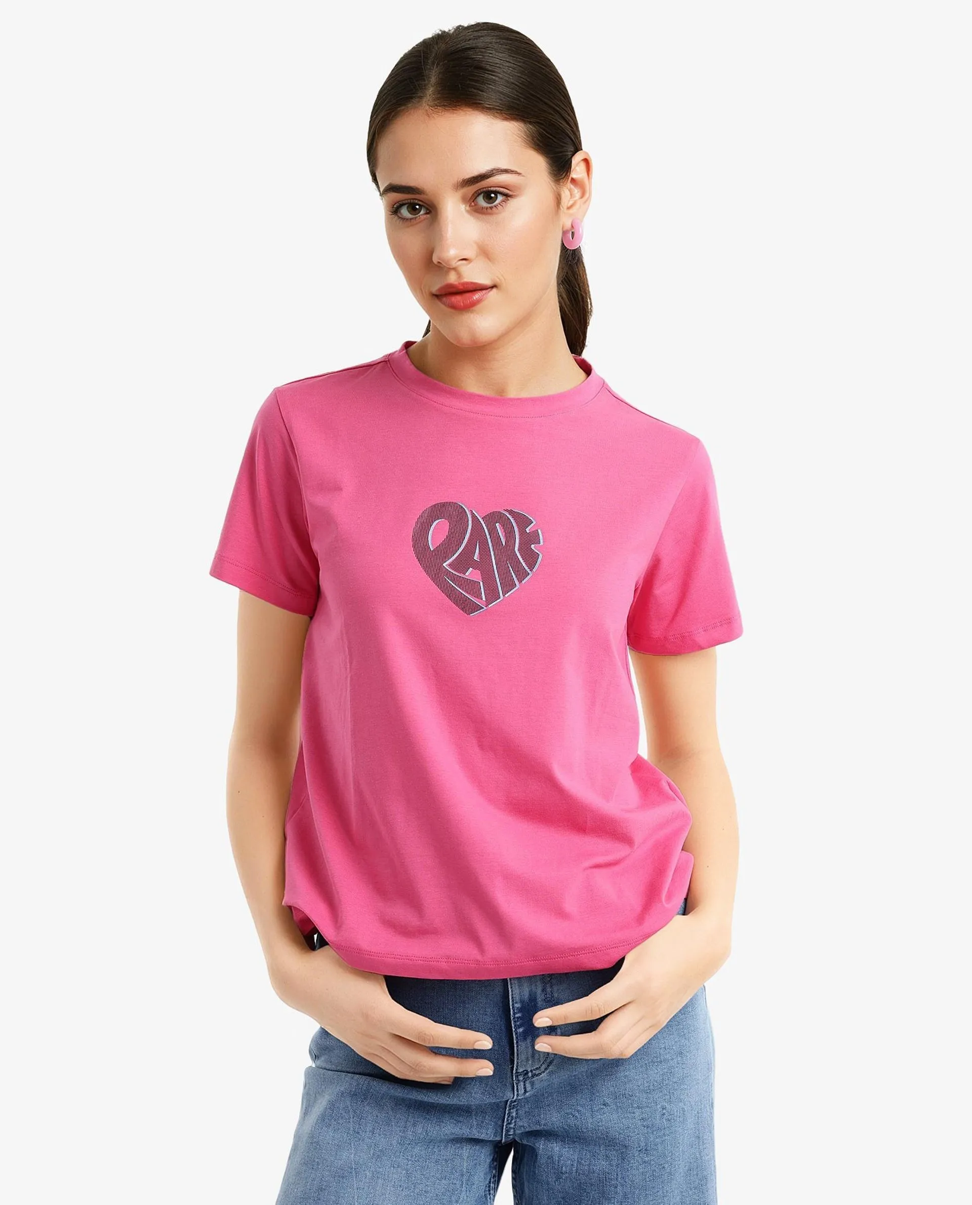 Rareism Women Ciara Flouroscent Pink Cotton Elastane Fabric Crew Neck Knit Solid T-Shirt
