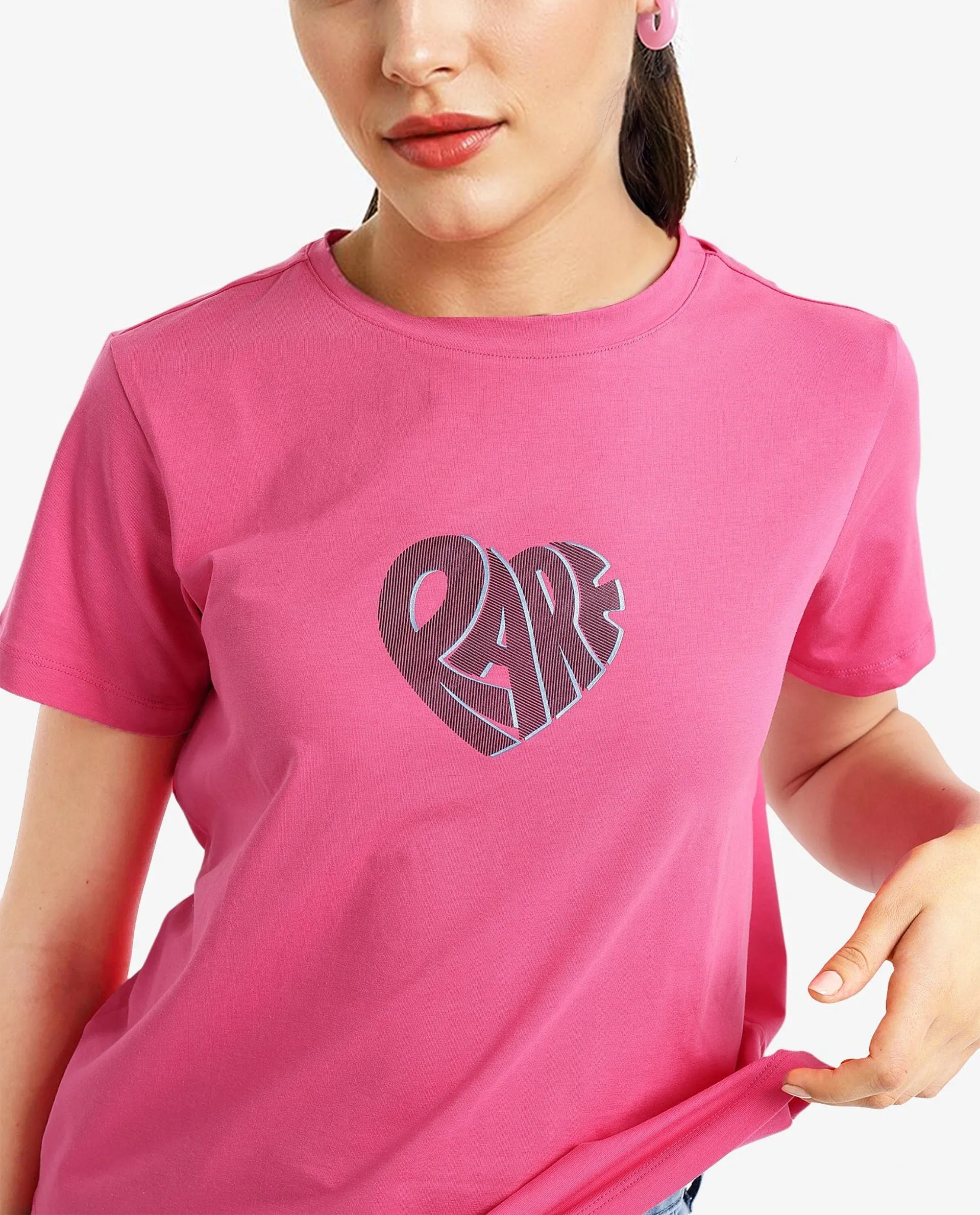 Rareism Women Ciara Flouroscent Pink Cotton Elastane Fabric Crew Neck Knit Solid T-Shirt