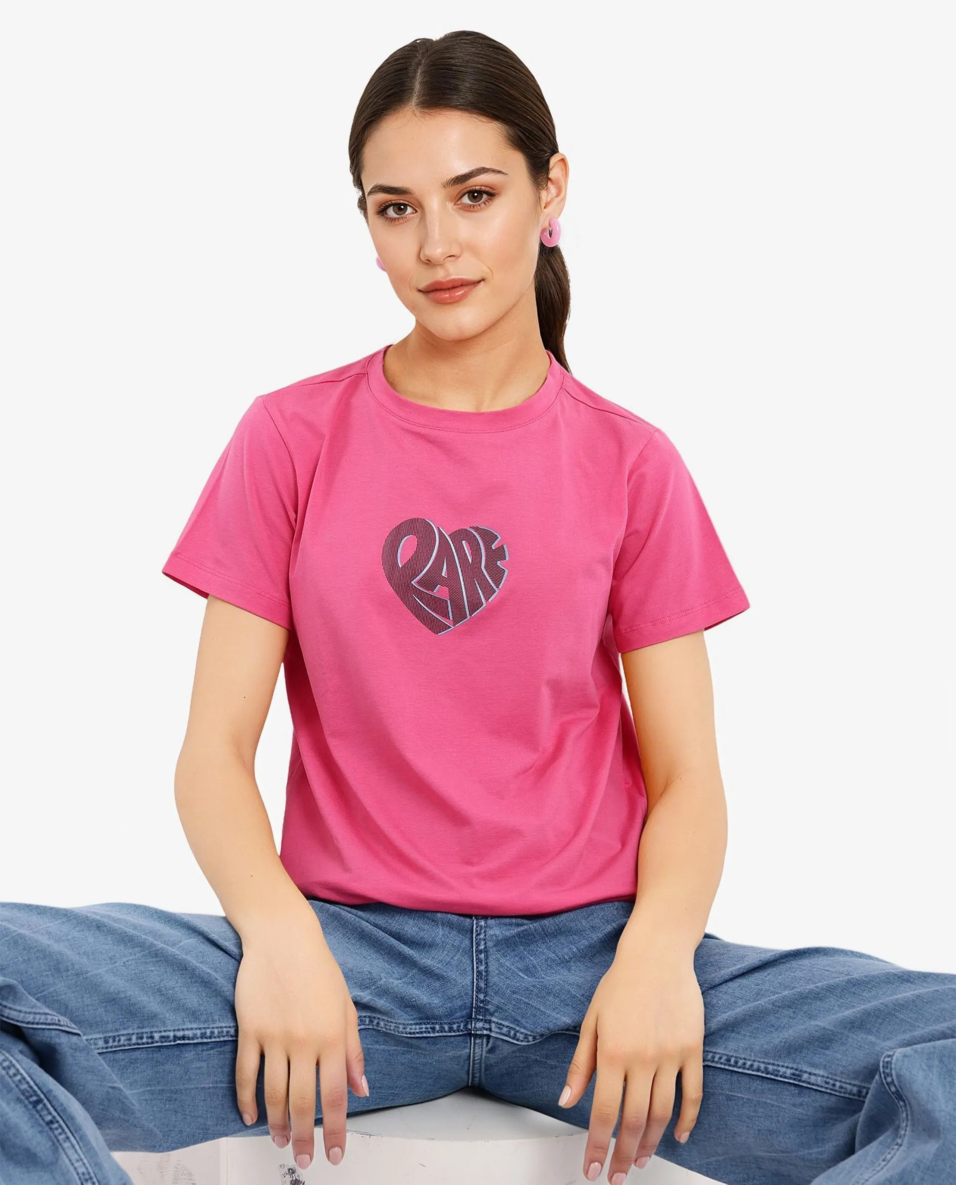 Rareism Women Ciara Flouroscent Pink Cotton Elastane Fabric Crew Neck Knit Solid T-Shirt