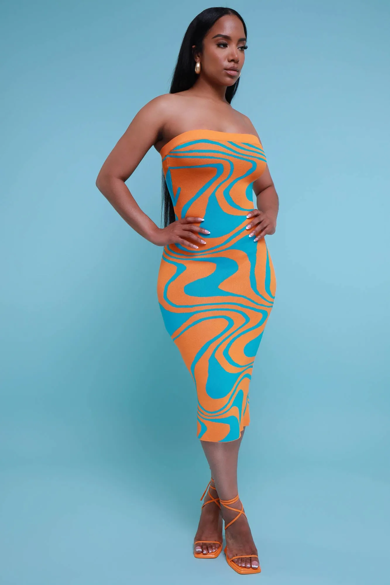 So Real Strapless Print Midi Dress - Orange/Blue