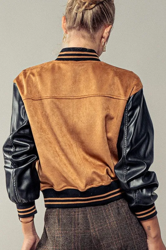 Suede   Faux Leather ColorBlock Bomber Jacket