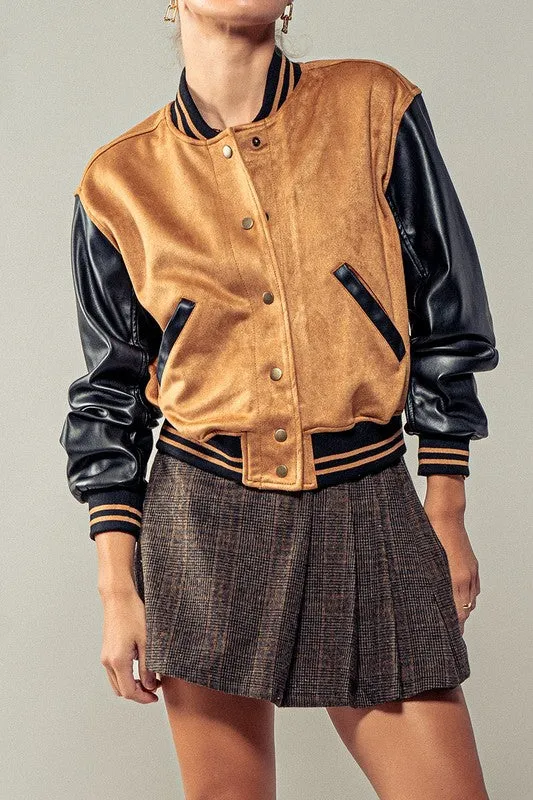 Suede   Faux Leather ColorBlock Bomber Jacket