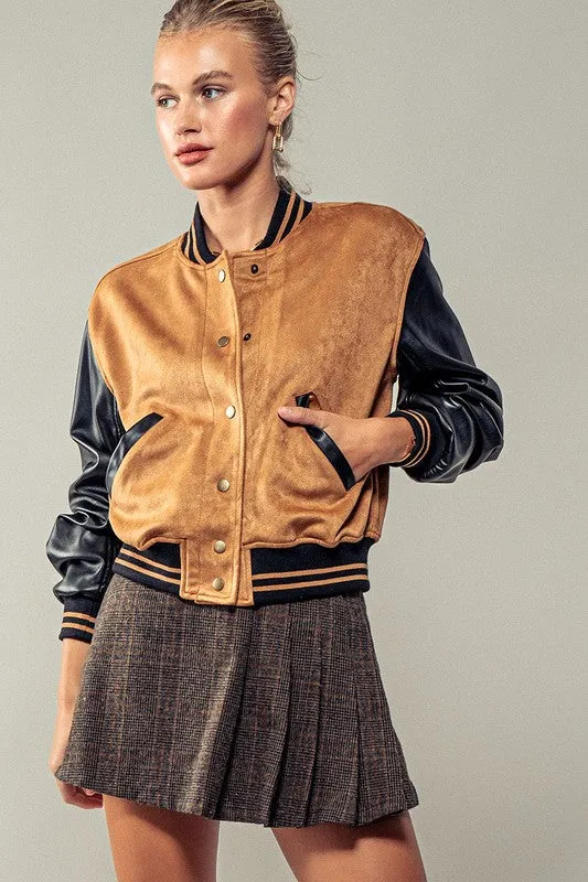 Suede   Faux Leather ColorBlock Bomber Jacket