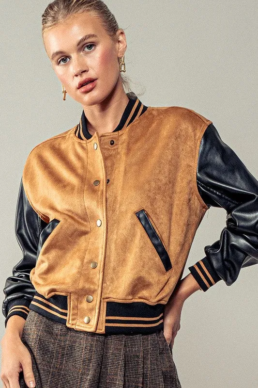 Suede   Faux Leather ColorBlock Bomber Jacket