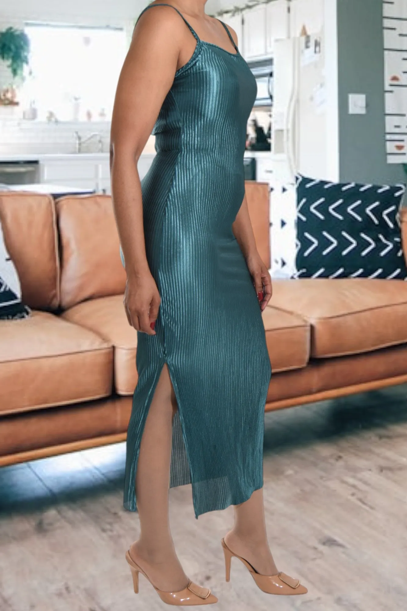 Teal Plisse Strappy Dress