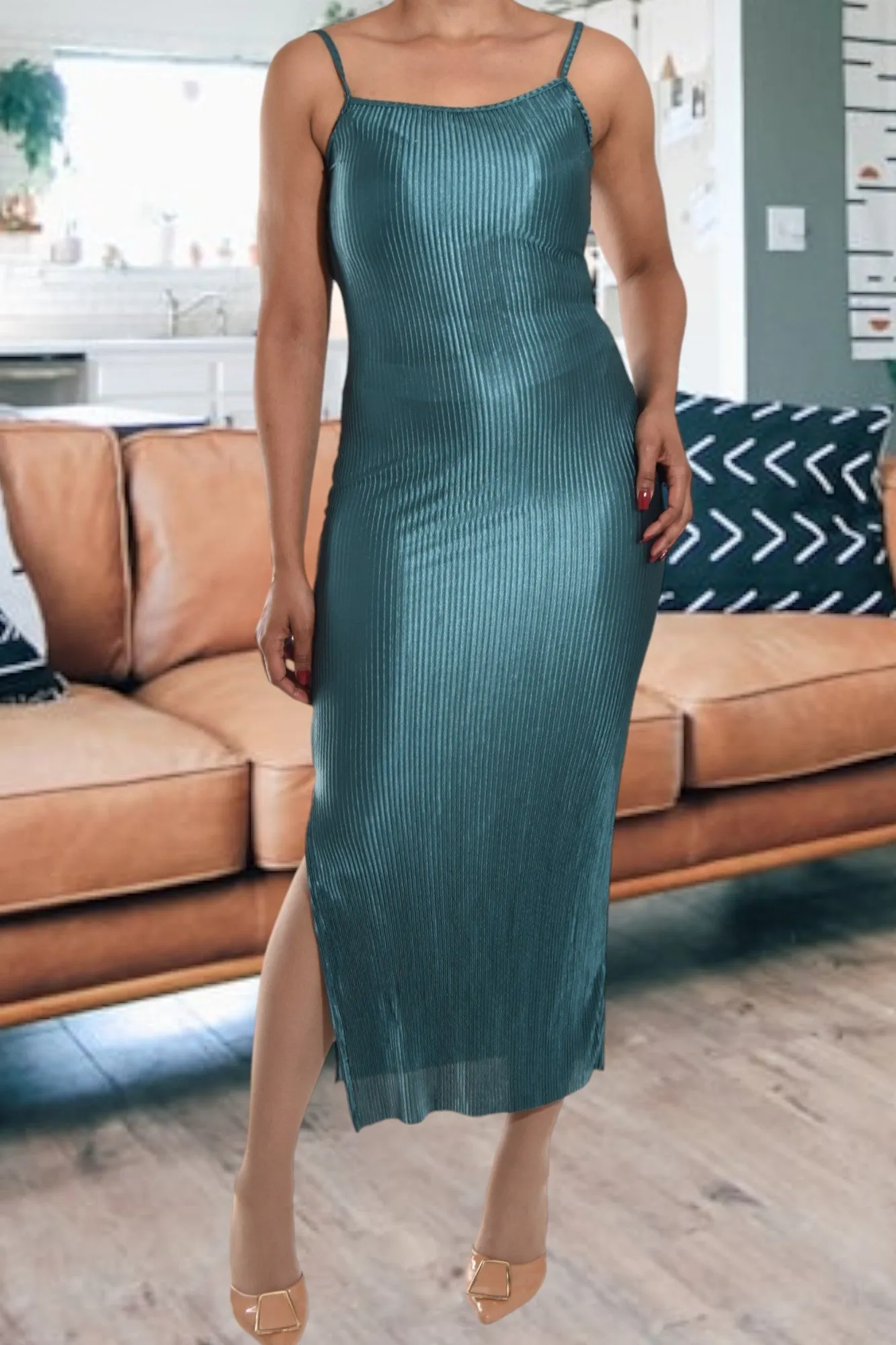 Teal Plisse Strappy Dress