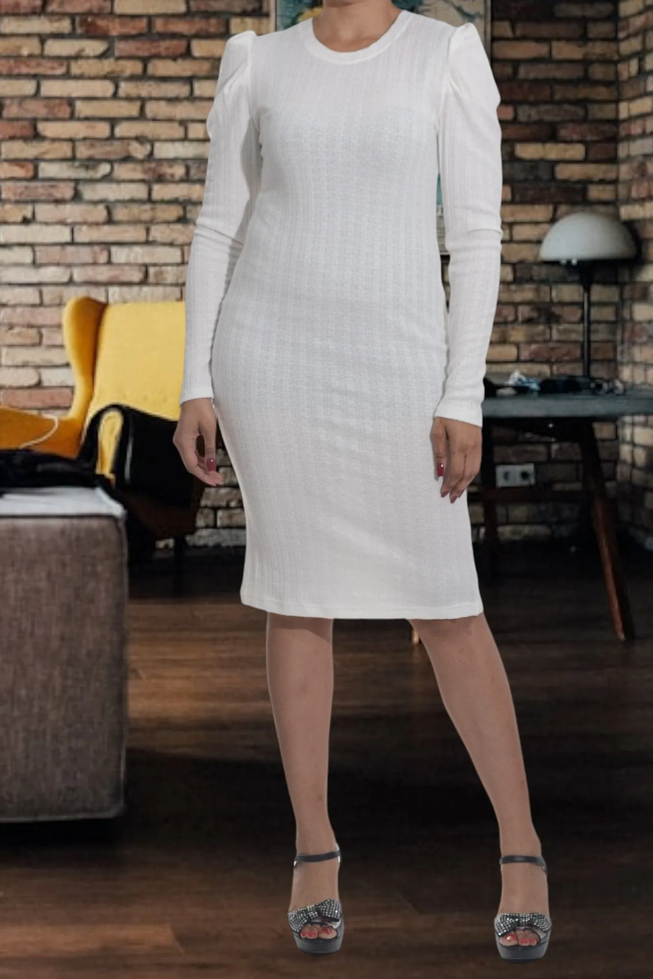 White Puffed Sleeve Cable Knit Dress