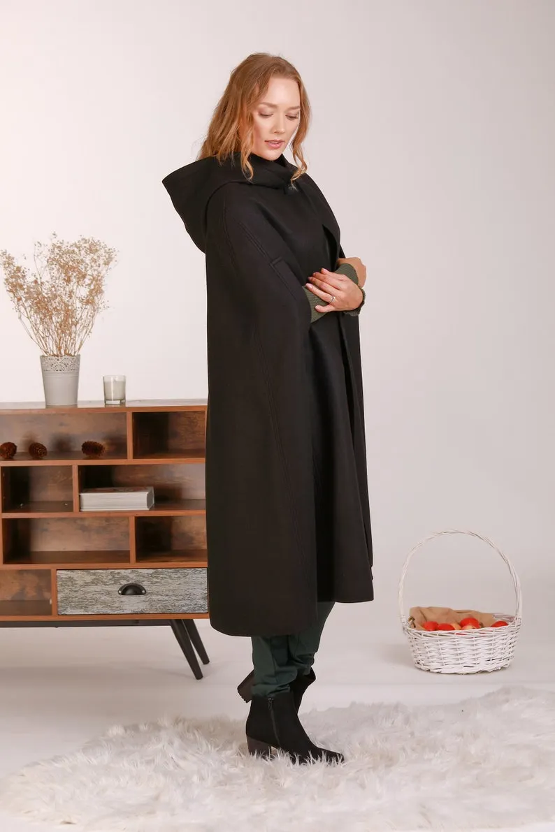 Wool Hooded Cloak Coat