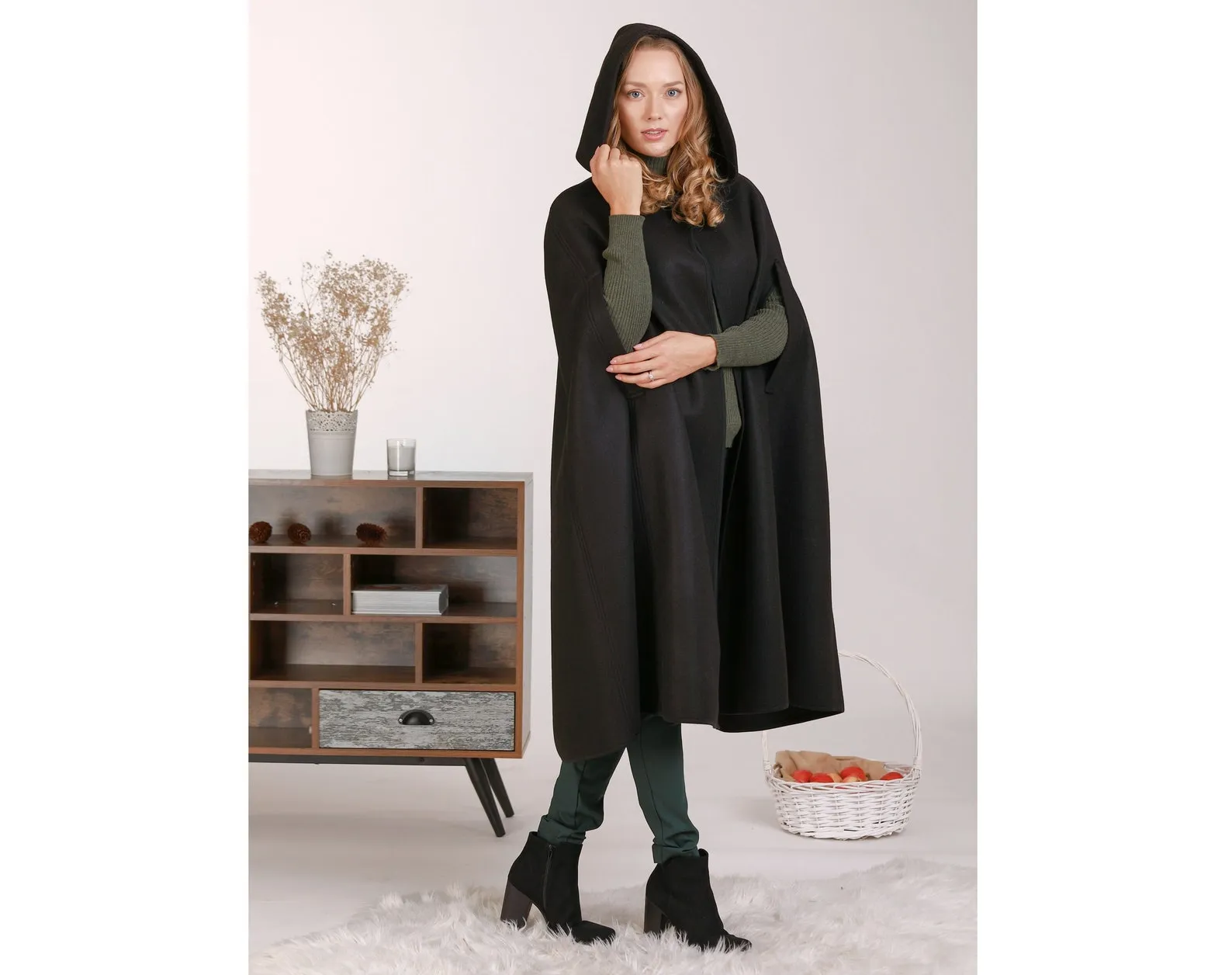Wool Hooded Cloak Coat