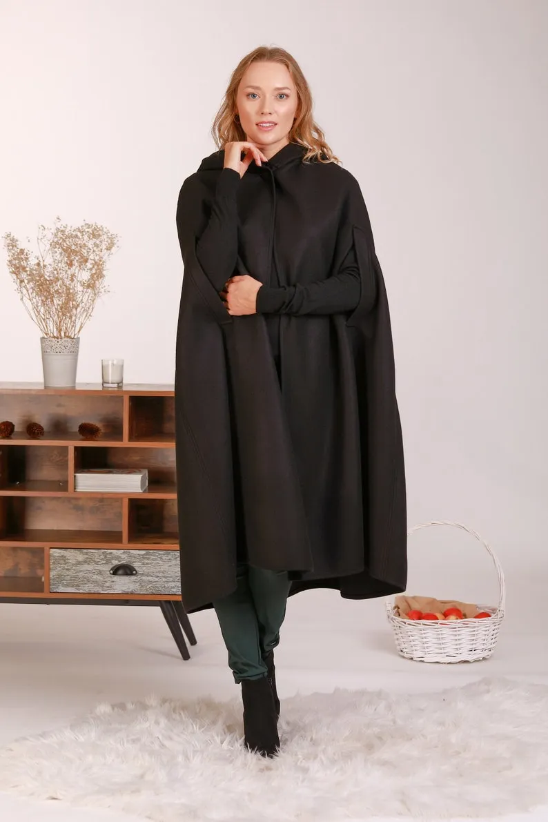 Wool Hooded Cloak Coat