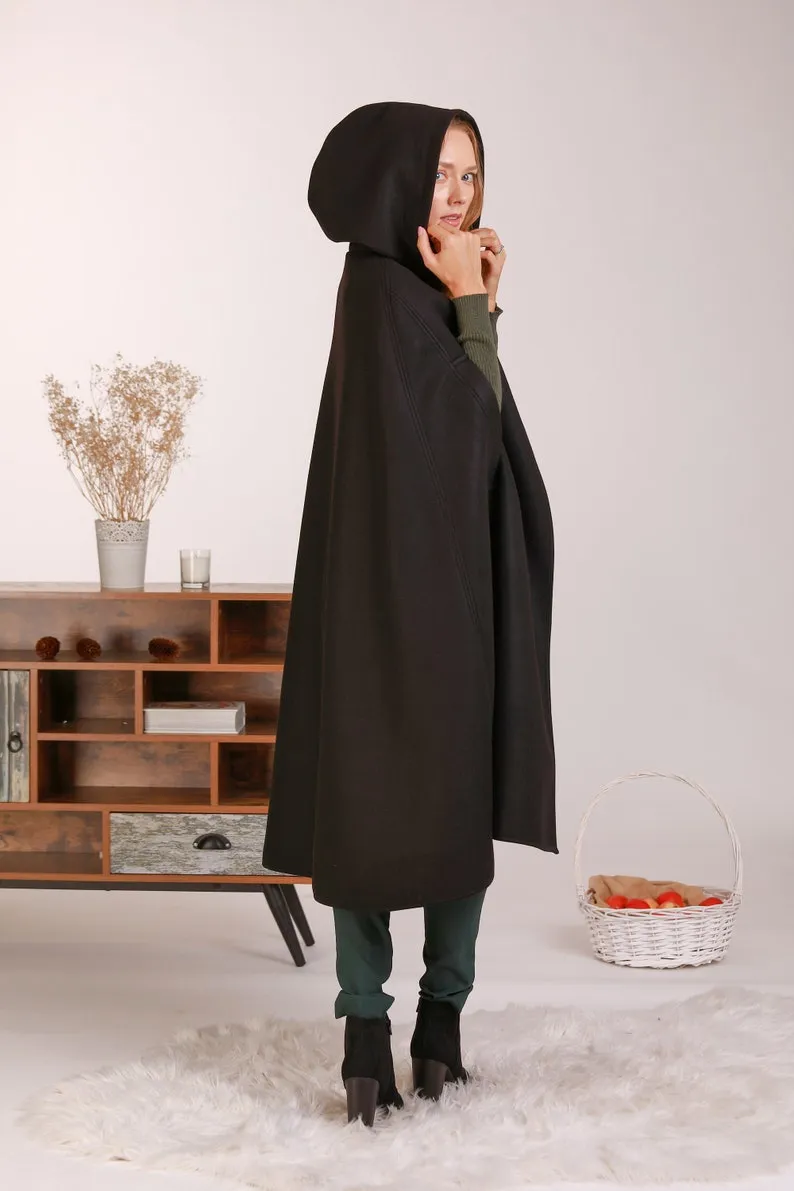 Wool Hooded Cloak Coat