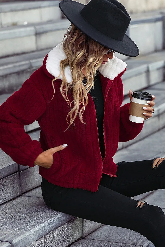 Zipper Design Ribbed Fleece Jacket Coat
