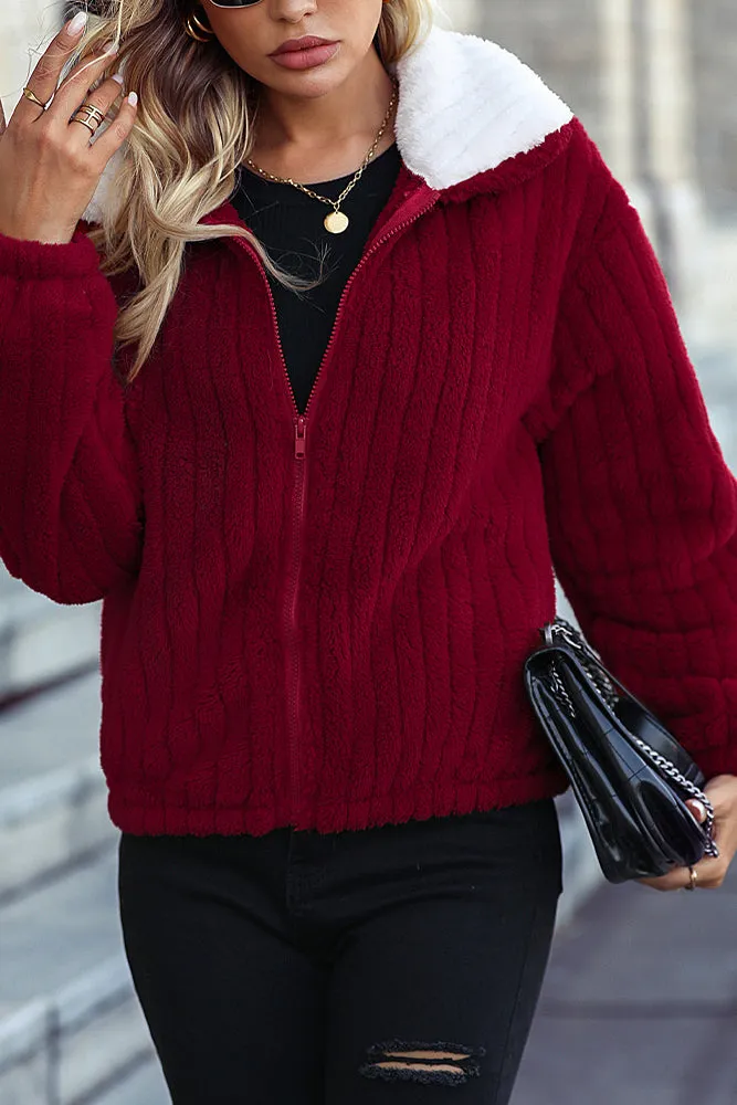 Zipper Design Ribbed Fleece Jacket Coat